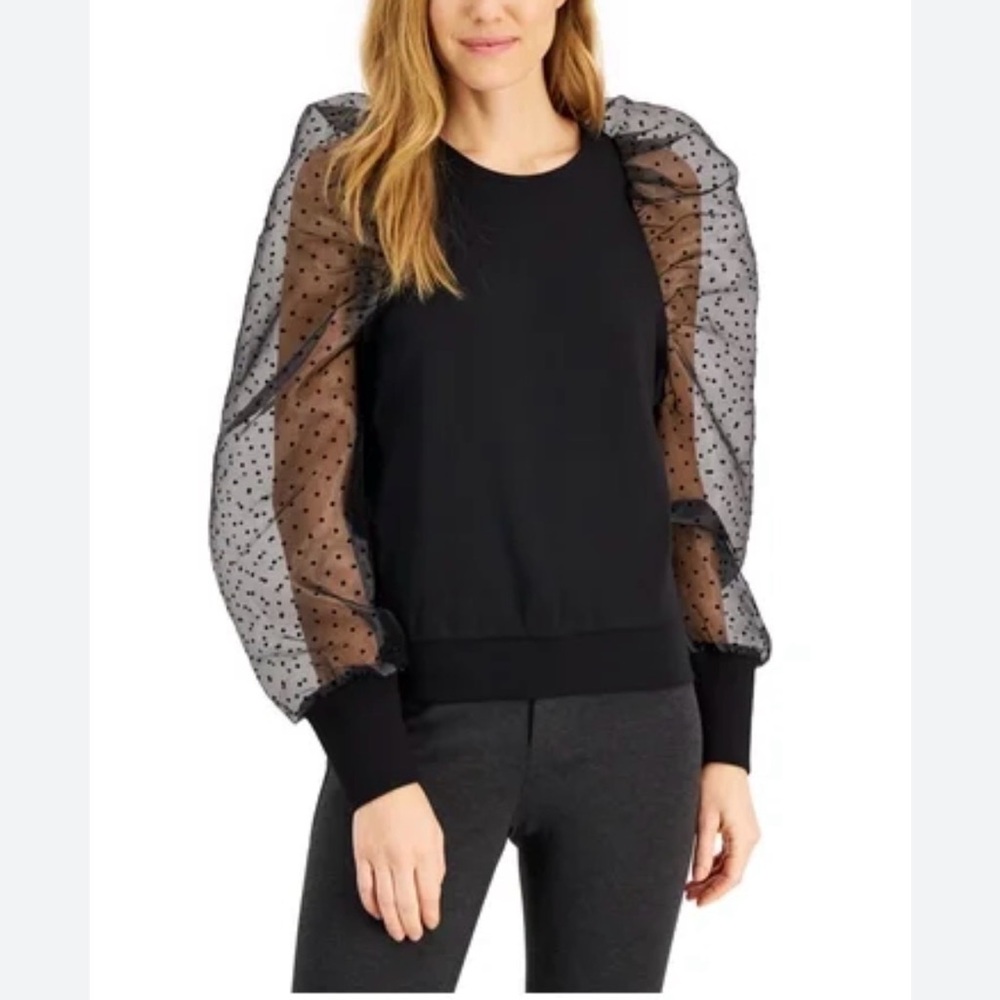 INC International Concepts Black Puff-Sleeve Organza Sweatshirt